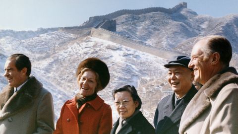 President Nixon and first lady Pat Nixon visit the Great Wall of China.