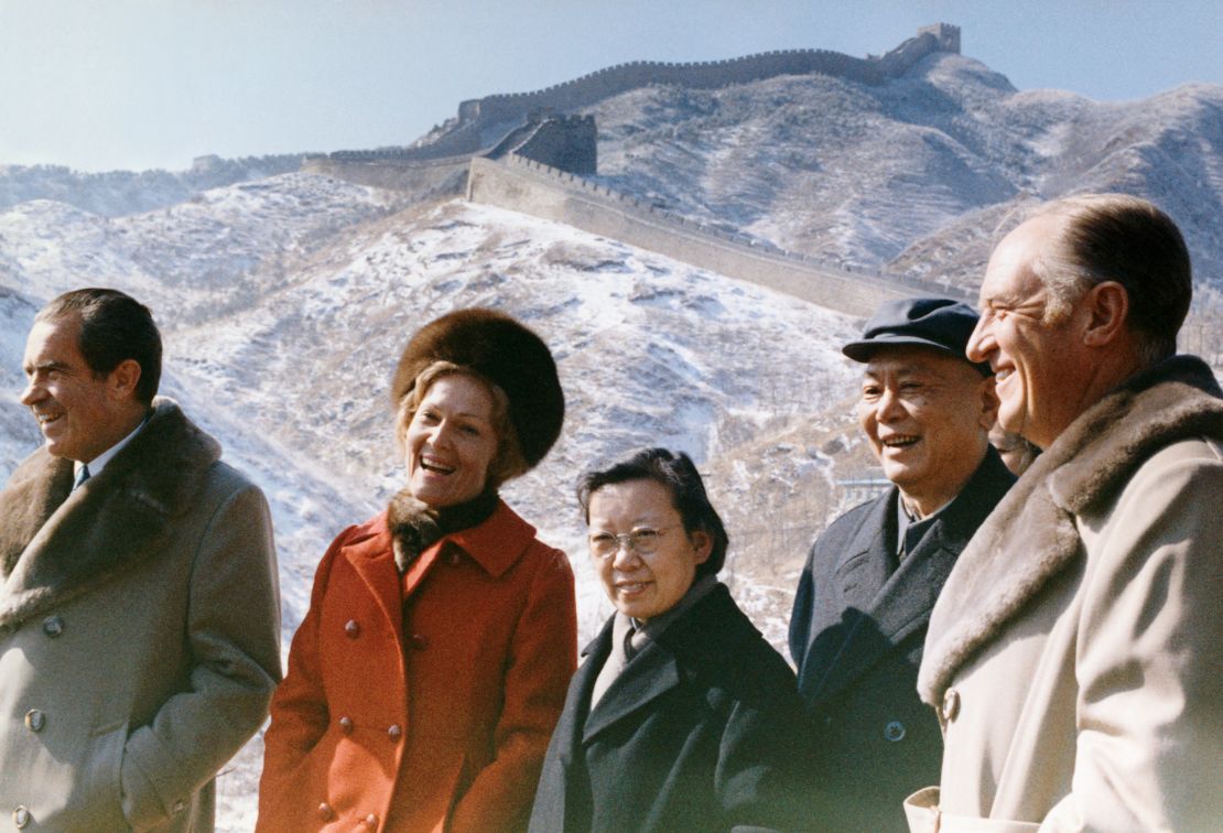 President Nixon and first lady Pat Nixon visit the Great Wall of China.
