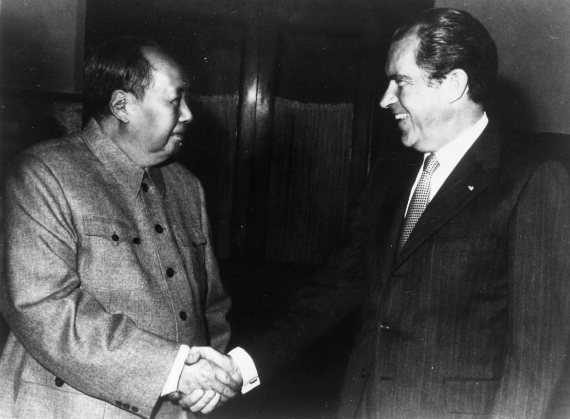 Chairman Mao Zedong meets President Richard Nixon in Beijing, 1972.