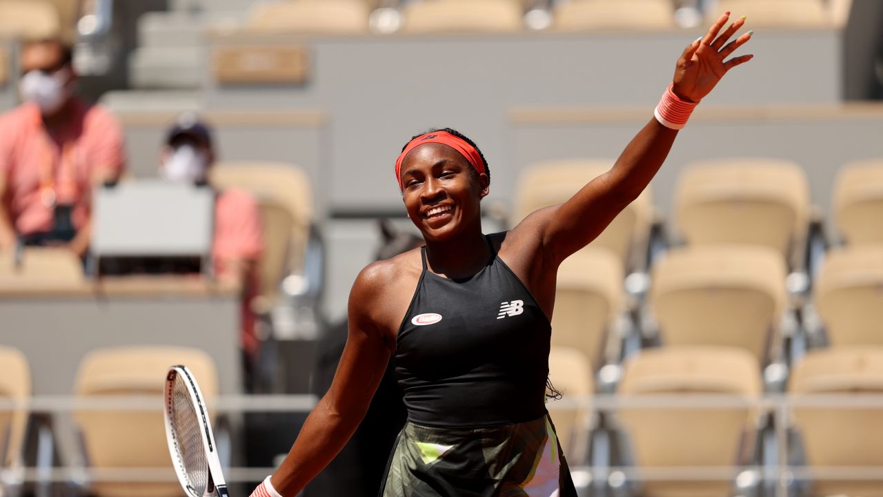 Coco Gauff celebrates victory in the women's singles fourth round match against Ons Jabeur of Tunisia during the 2021 French Open at on June 7, 2021, in Paris, France. 