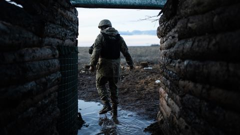 Ukrainian servicemen are seen along the frontline outside of Popasna, Ukraine, on February 20, 2022. 
