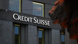 This photograph taken on November 4, 2020 shows a sign of Switzerland's second largest bank Credit Suisse on a branch's building in downtown Geneva. (Photo by Fabrice COFFRINI / AFP) (Photo by FABRICE COFFRINI/AFP via Getty Images)