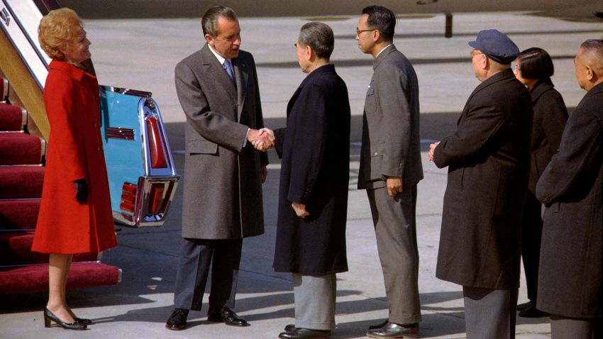 US President Richard Nixon and first lady Pat Nixon meet with Premier of the People's Republic of China Zhou Enlai in Beijing, China, February 21, 1972.