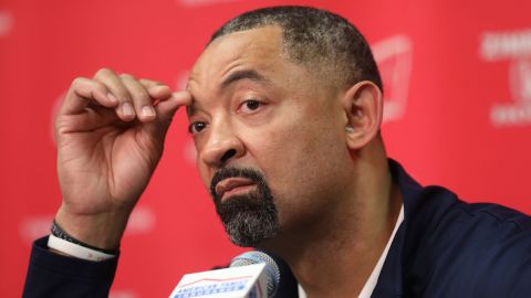 Juwan Howard speaks to the media regarding a fight that broke out on the court after an NCAA college basketball game against Wisconsin.