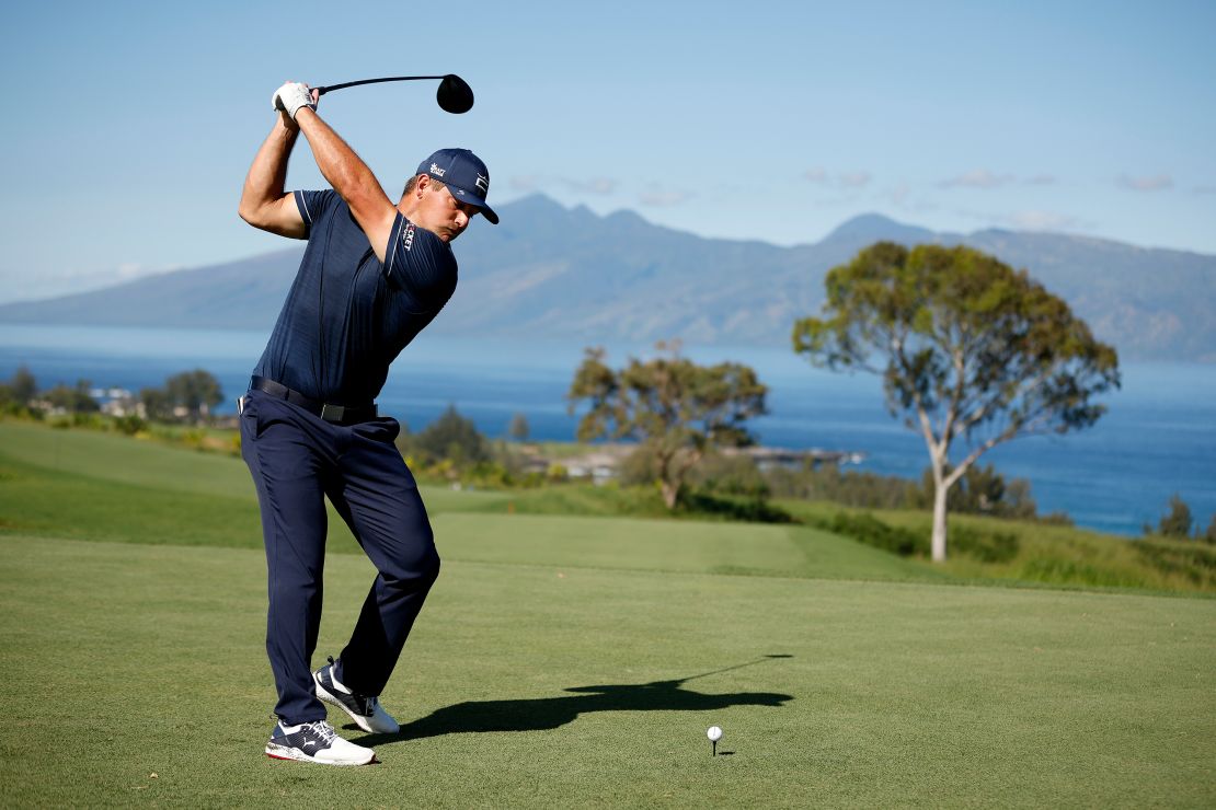 DeChambeau plays his shot from the seventh tee during the final round of the Sentry Tournament of Champions at the Plantation Course at Kapalua Golf Club on January 9. 