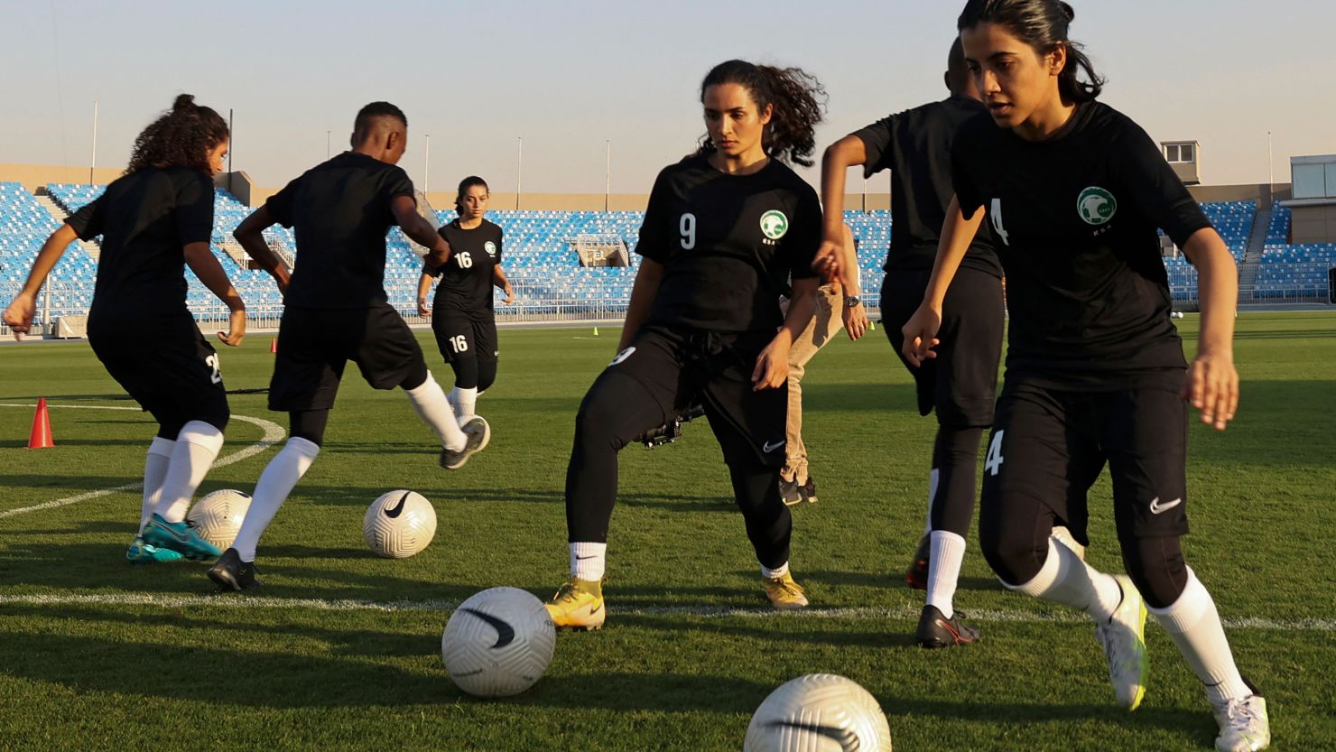 Players of the first Saudi women's football team attend a session in November 2, 2021. 