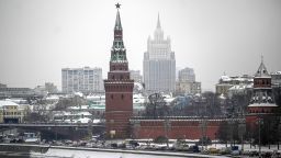 A picture taken on February 1, 2022 shows the Vodovzvodnaya Tower of the Kremlin and the Ministry of Foreign Affairs of Russia's building in Moscow. 