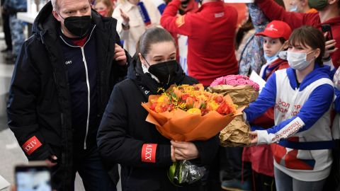 Valieva arrives back in Russia after the Winter Olympics.