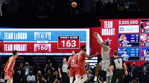 LeBron James shoots the game-winning basket against Team Durant.