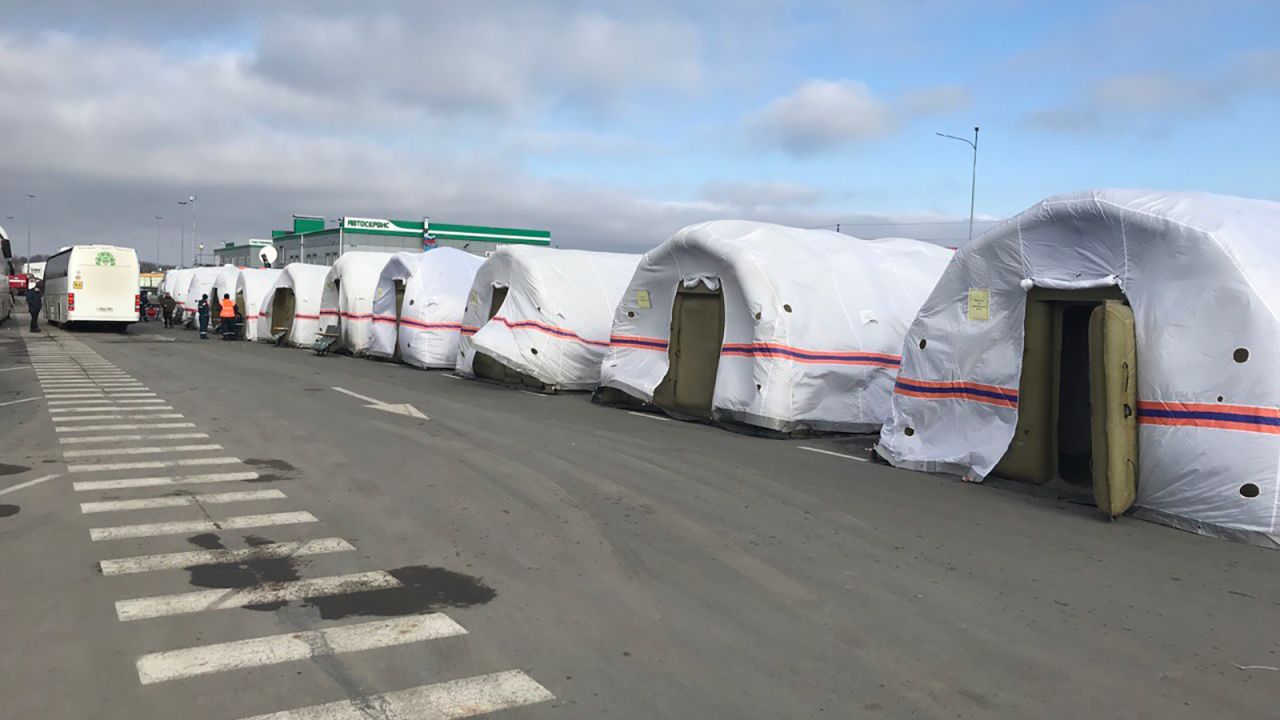 Russia's Emergency Services Ministry has set up around 30 tents, seen here on Sunday, near the border crossing. 
