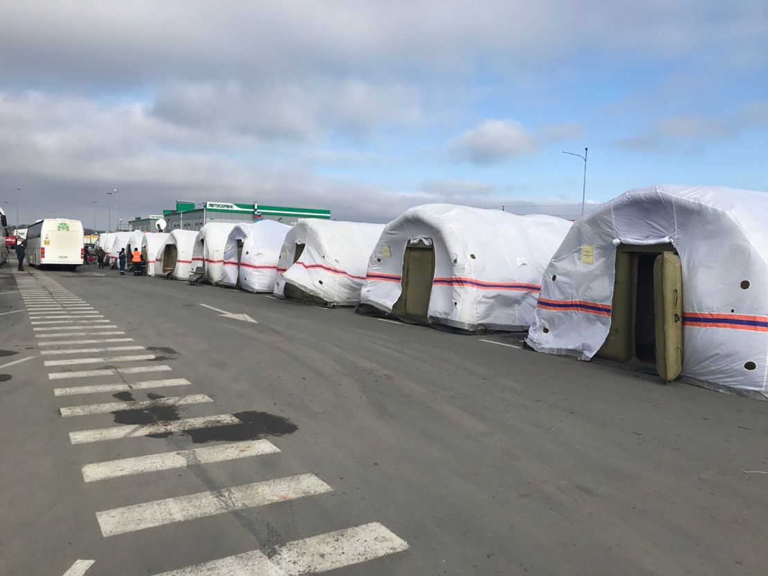 Russia's Emergency Services Ministry has set up around 30 tents, seen here on Sunday, near the border crossing. 