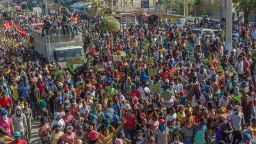 Protestors are seen from the bridge during the demonstration held to demand an increase to their the minimum wages from 5 dollars to 15 dollars in textile factories in Port au Prince in Haiti on February 17, 2022. 