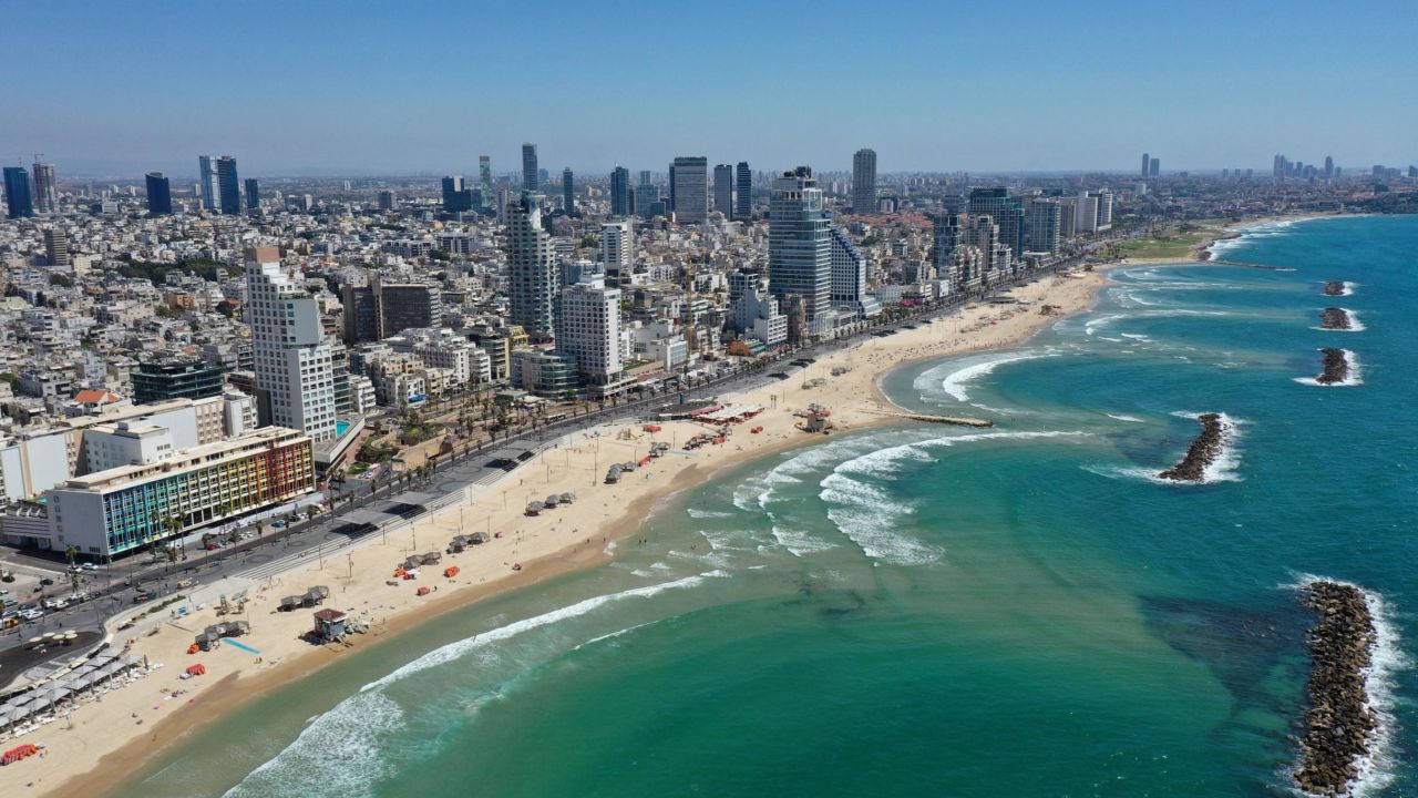 An aerial view shows the beaches in Israel's Mediterranean city of Tel Aviv.