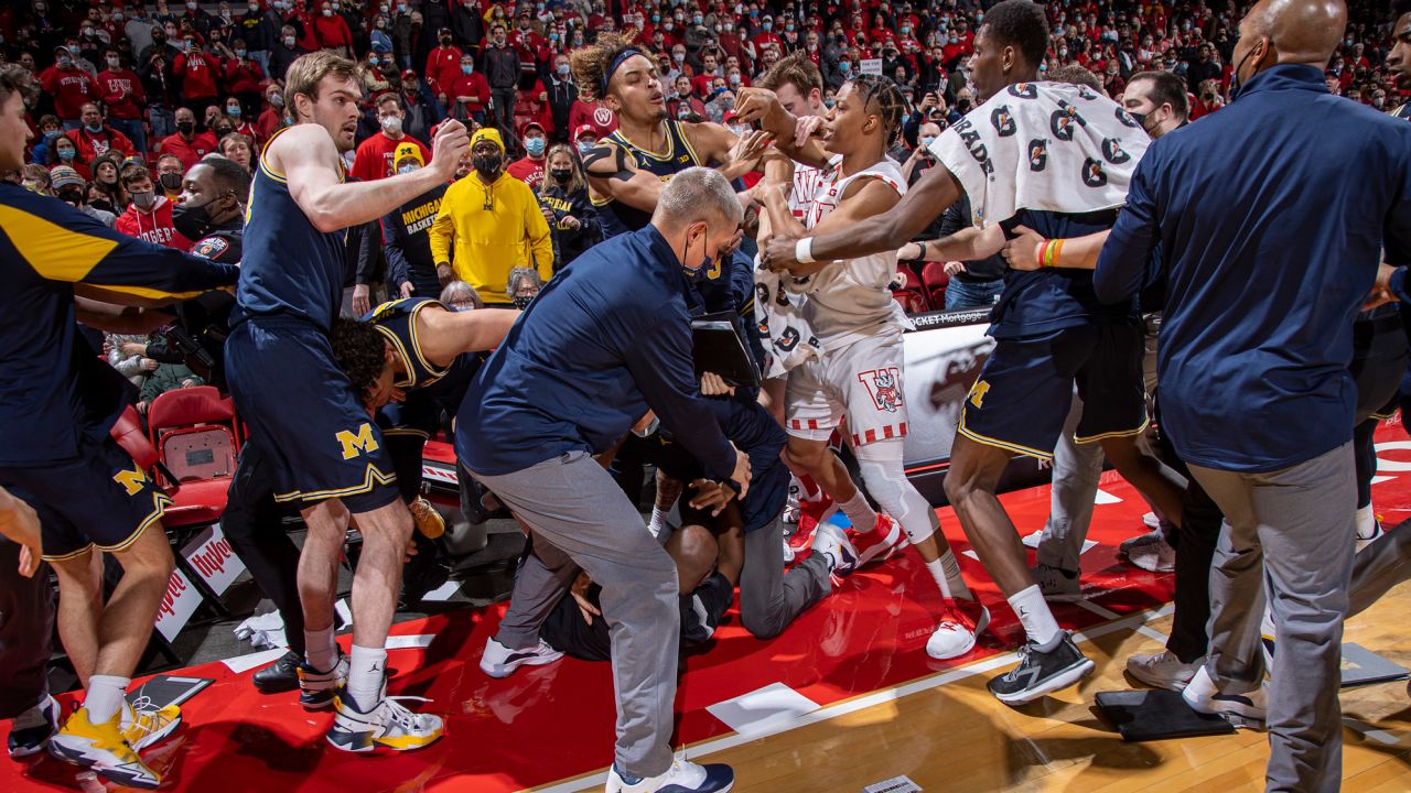 A scuffle breaks out after the Wisconsin Badgers' game against the Michigan Wolverines.