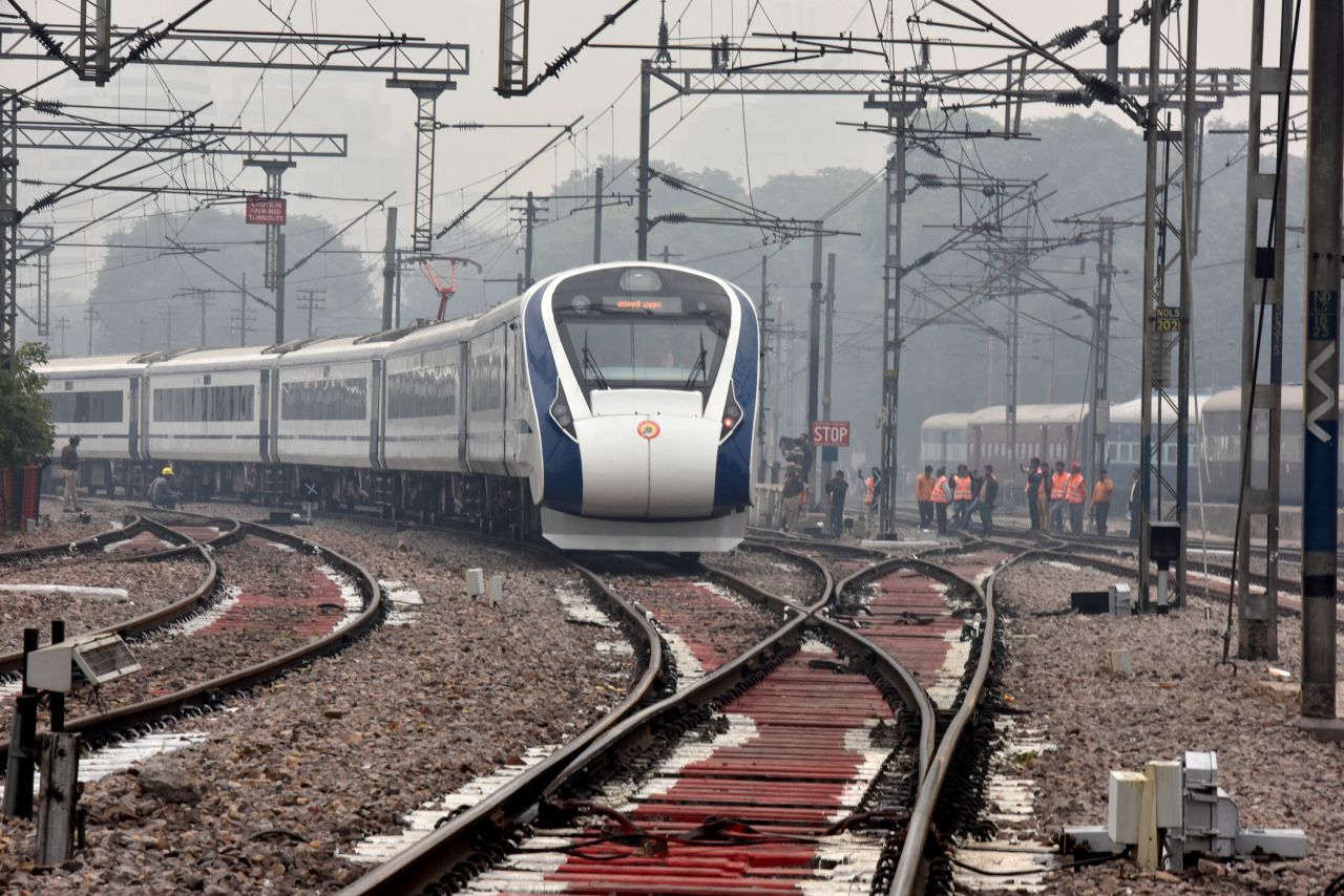 The Vande Bharat Express, a semi high-speed train, leaves New Delhi Railway Station on February 15, 2019. 