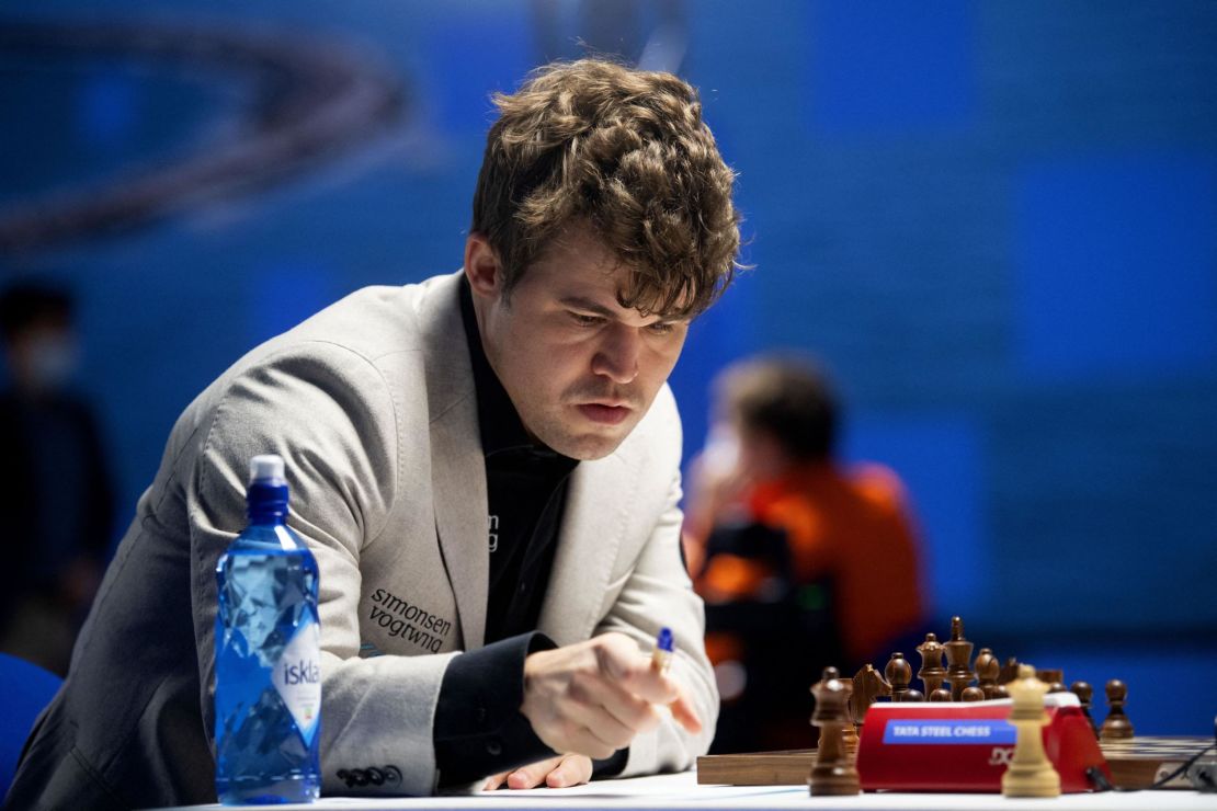 Carlsen reacts during the last weekend of the Tata Steel Masters chess tournament on January 29.