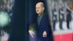 German Chancellor Olaf Scholz arrives to welcome Irish Prime Minister Micheal Martin ahead of their meeting at the Federal Chancellery in Berlin, on February 22, 2022. 