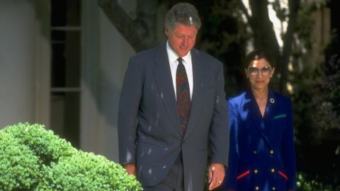 President Bill Clinton and Judge Ruth Bader Ginsburg in the White House Rose Garden for her introduction as a Supreme Court justice nominee.