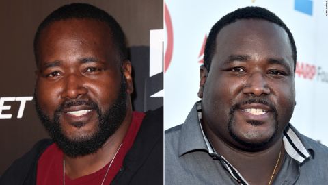Quinton Aaron is seen on the left in February 2022 and on the right in October 2016. 