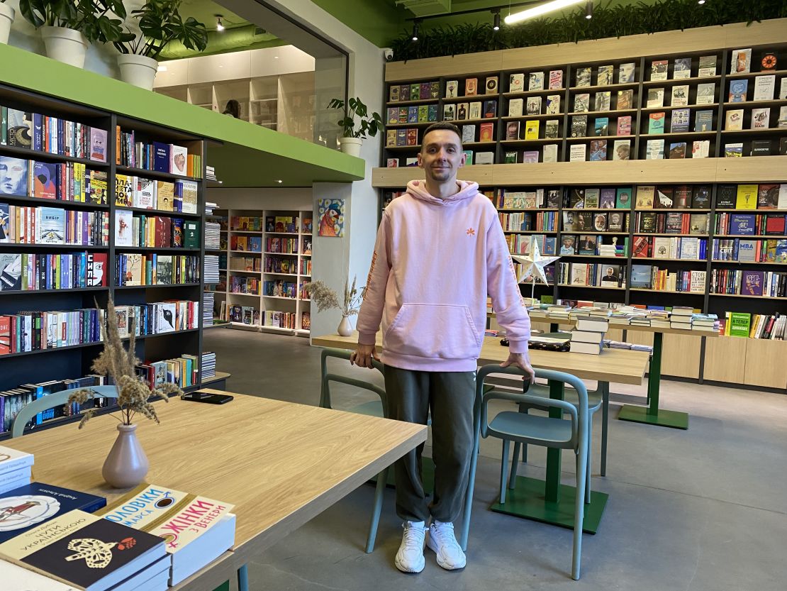 Oleksii Erinchak, seen inside his bookstore in central Kyiv, prior to the February 24 invasion. 