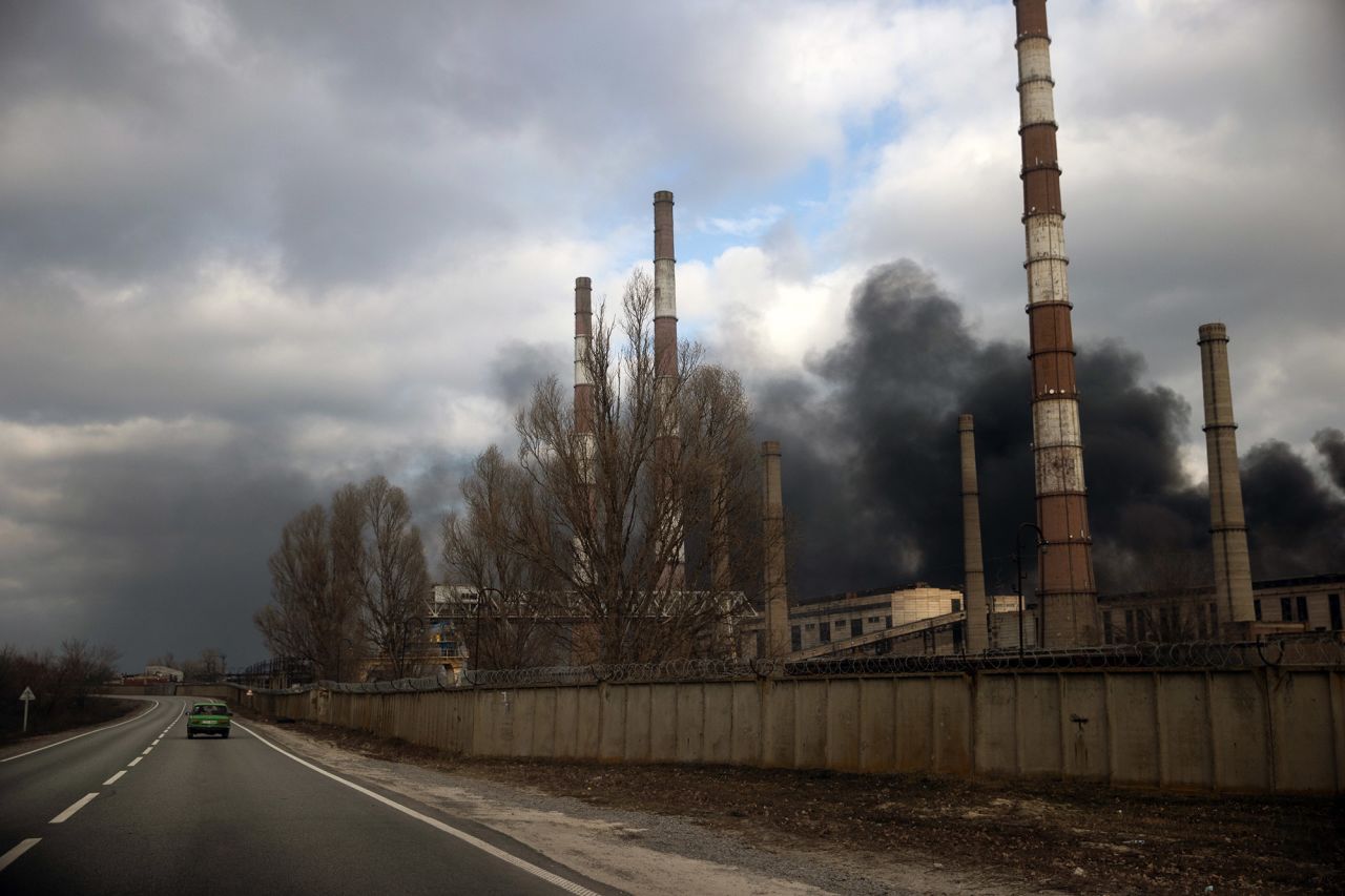 Smoke rises from a damaged power plant in Shchastya that Ukrainian authorities say was hit by shelling on February 22.