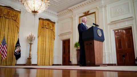 US President Joe Biden speaks on developments in Ukraine and Russia, and announces sanctions against Russia, from the East Room of the White House on Tuesday, February 22, 2022. 