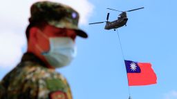 A Taiwanese soldier looks on during a rehearsal for the flyby performance for Taiwan's National Day celebration last year.