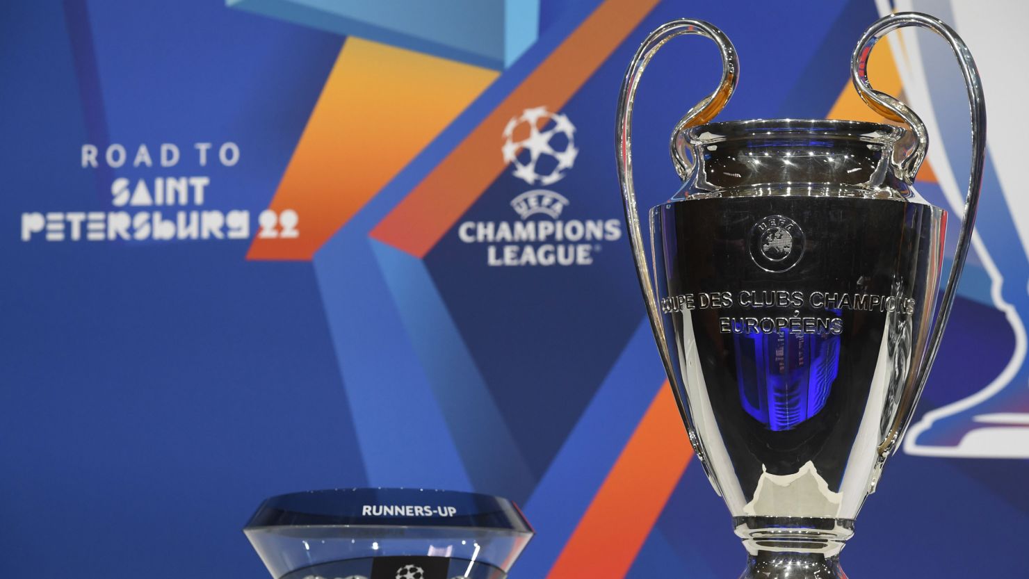 A view of the UEFA Champions League trophy during the 2021/22 Round of 16 Draw at UEFA headquarters on December 13, 2021.