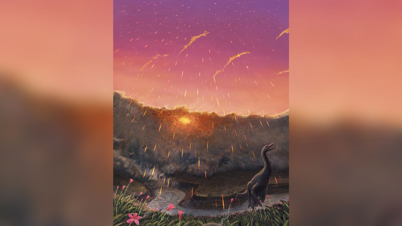 An artist's impression of the Tanis river site in North Dakota moments after the asteroid strike that doomed the dinosaurs to extinction 66 million years ago. 