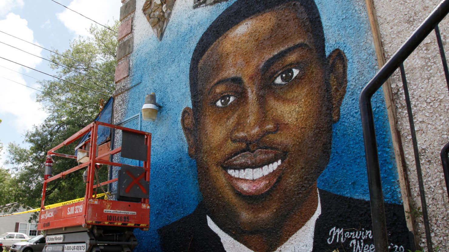 A mural depicting Ahmaud Arbery in Brunswick, Ga. from May 2020.