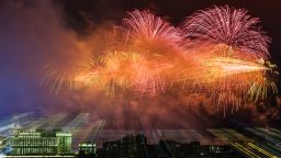 MOSCOW, RUSSIA - FEBRUARY 23, 2022: Fireworks go off over the city to mark Defender of the Fatherland Day celebrated nationwide on February 23. Mikhail Tereshchenko/TASS/Sipa USA