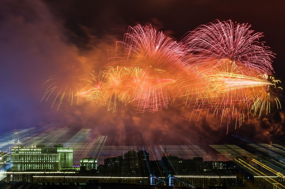 Fireworks go off over Moscow to mark Defender of the Fatherland Day on Wednesday.