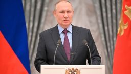 Russian President Vladimir Putin addresses media on February 22 at the Kremlin in Moscow, Russia.