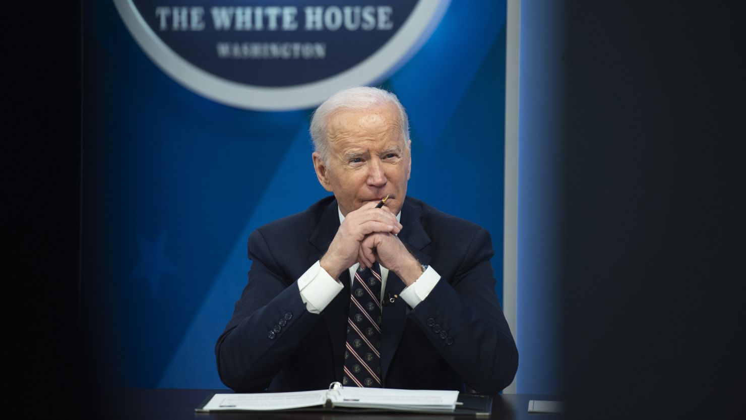President Joe Biden speaks from the White House on Tuesday during a virtual event discussing securing critical mineral supply chains, powering clean energy manufacturing and creating good-paying jobs.