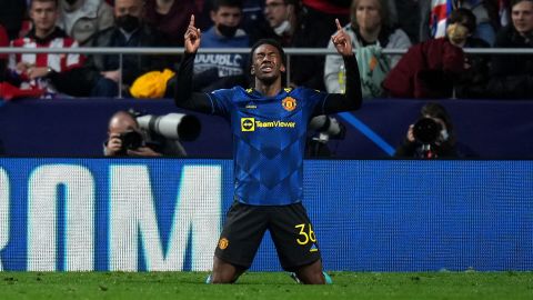 Elanga celebrates his first Champions League goal.