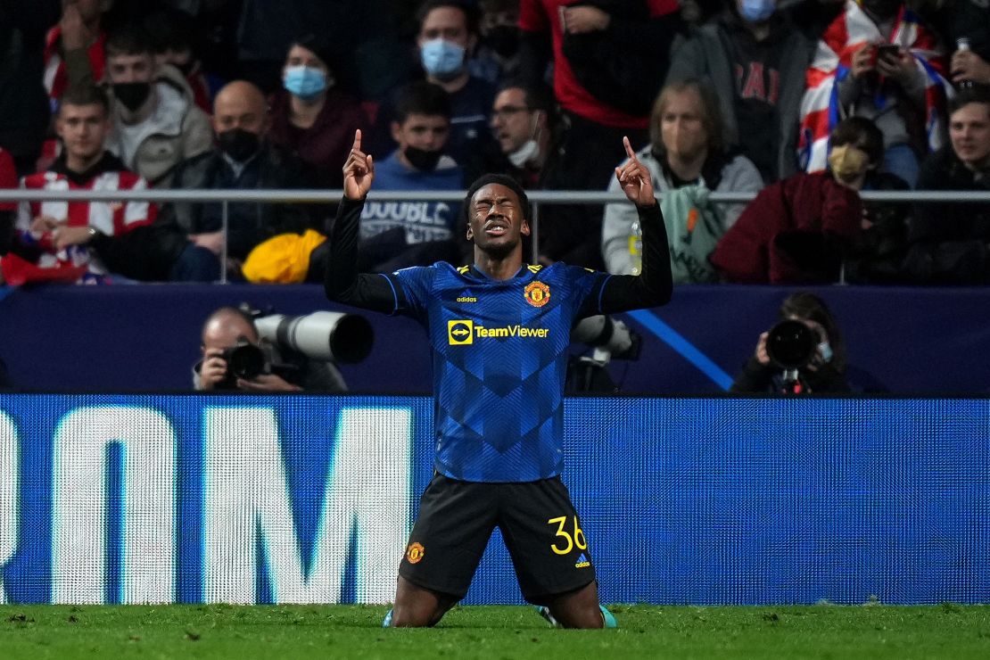 Elanga celebrates his first Champions League goal. 