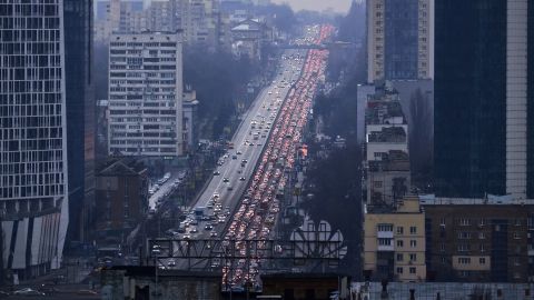 Traffic was jammed on the road leaving Kyiv.