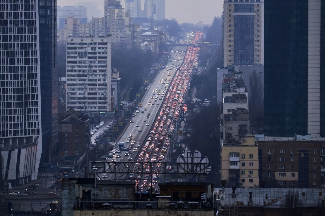 Inhabitants of Kyiv leave the city following the Russian offensive of Ukraine on February 24, 2022. 