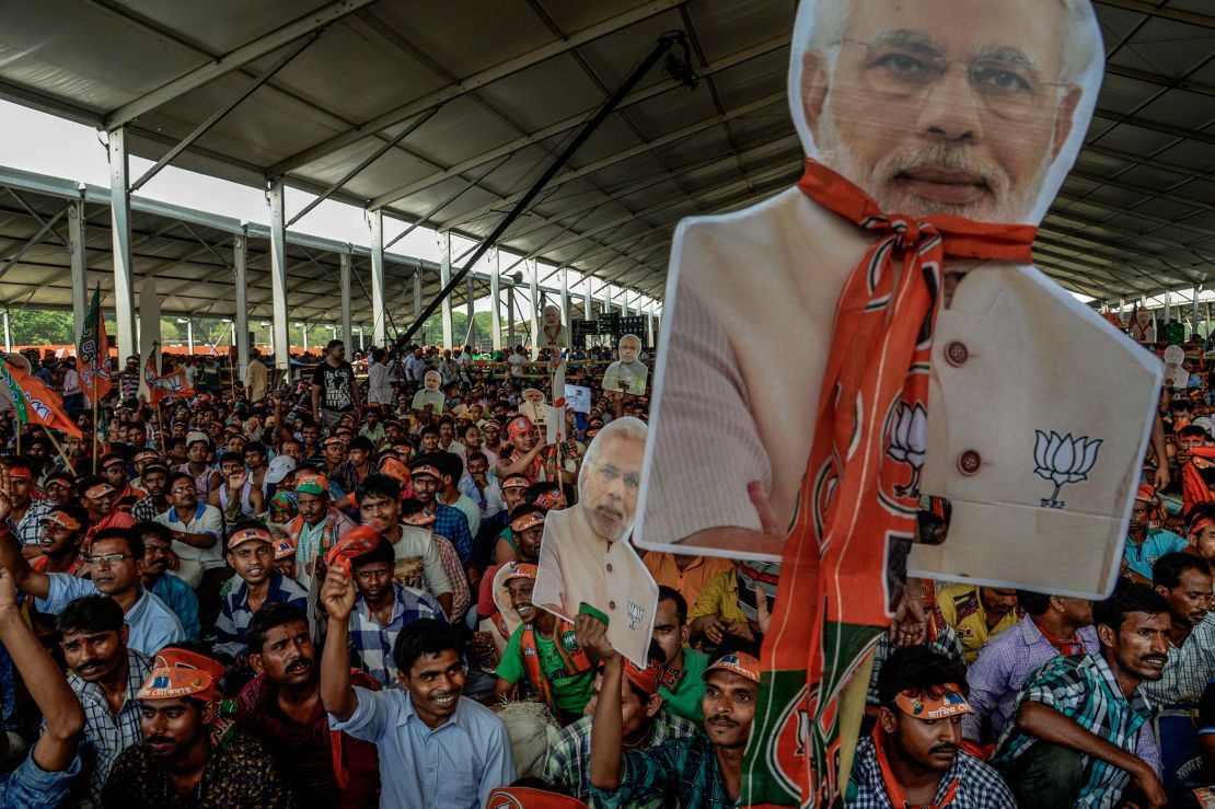 A crowd at a rally for Prime Minister Narendra Modi on April 3, 2019 in Kolkata, India.