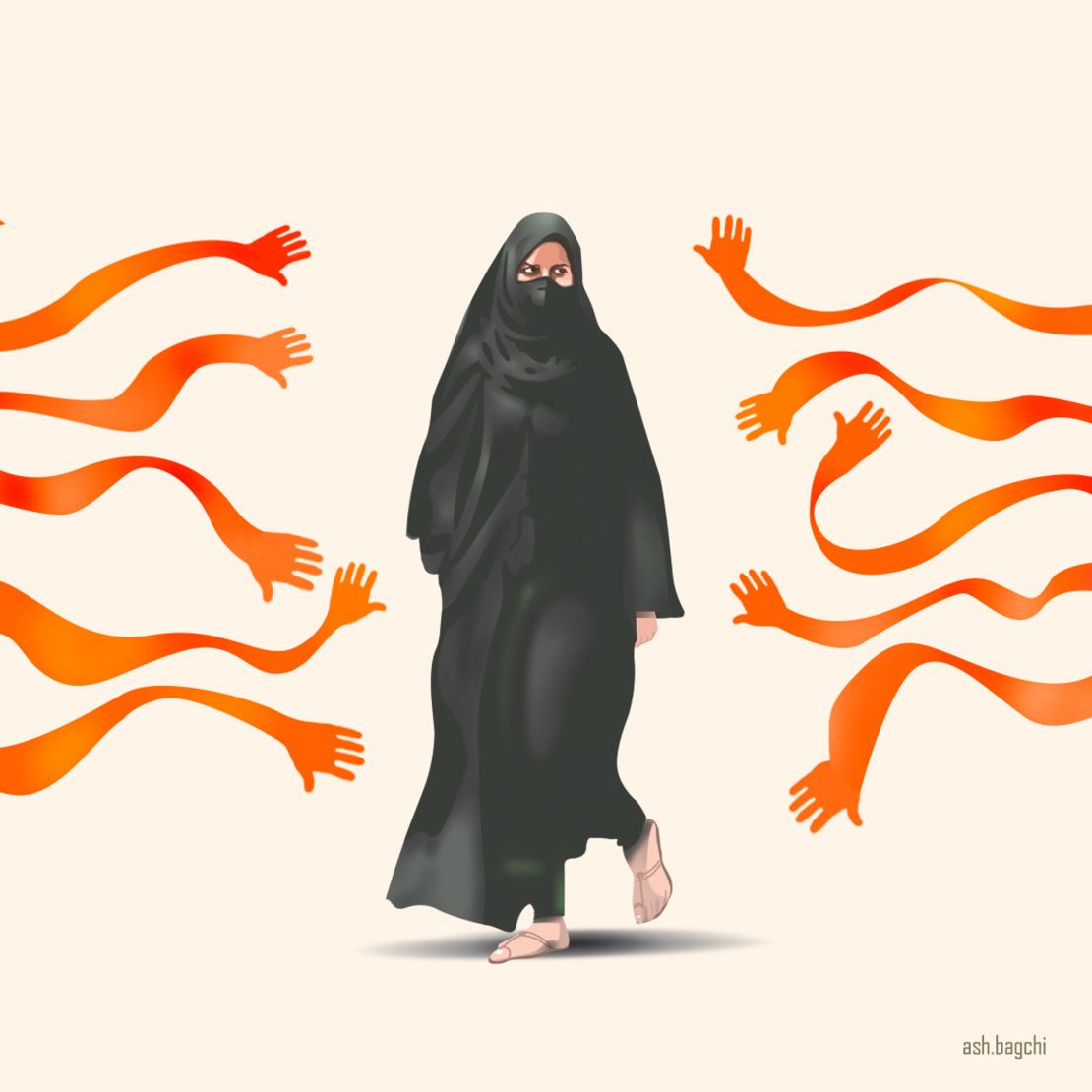 Ashish Bagchi's illustration depicts saffron-tinted arms surrounding Muskan Khan, who has become a symbol of resistance against the proposed hijab ban.