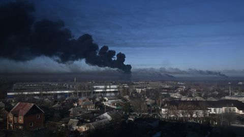 Black smoke rises from a military airport in Chuguyev, near Kharkiv on Thursday.