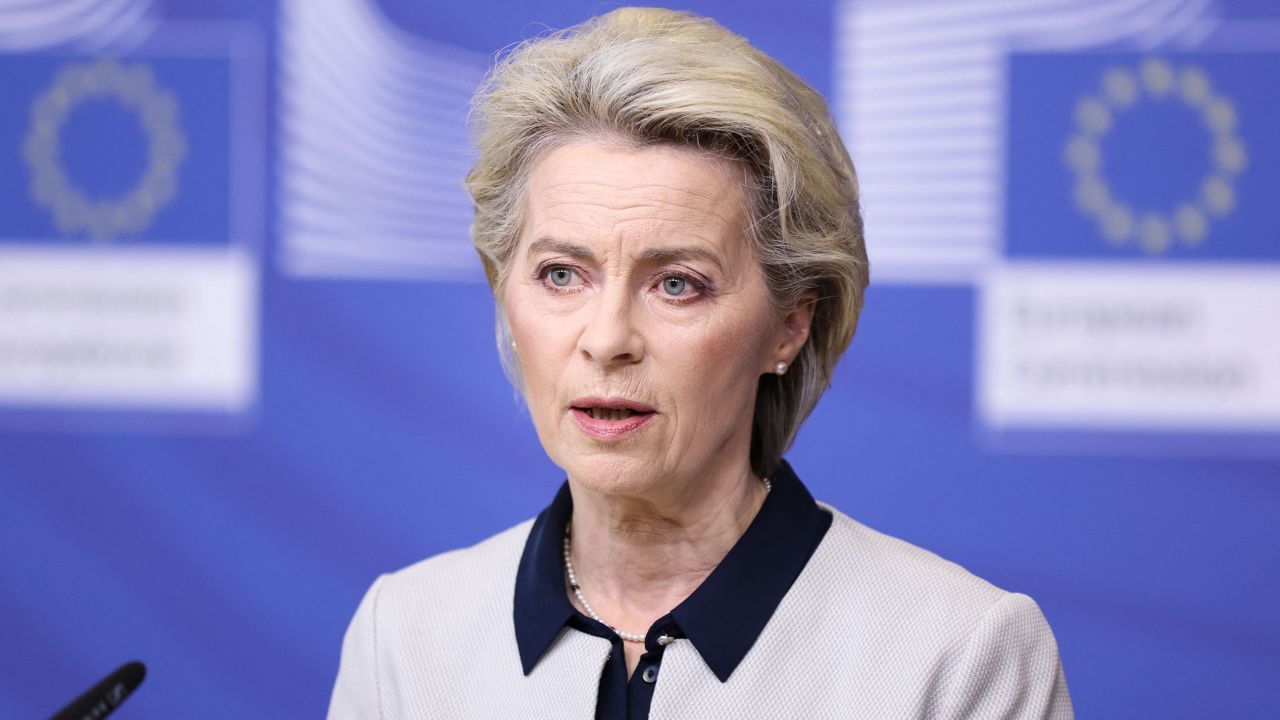 European Commission President Ursula von der Leyen speaks during a press statement on Russia's attack on Ukraine, in Brussels on February 24, 2022, ahead of a EU special summit called to respond to the attacks. 