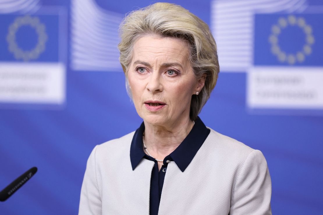 European Commission President Ursula von der Leyen speaks during a press statement on Russia's attack on Ukraine, in Brussels on February 24, 2022, ahead of a EU special summit called to respond to the attacks. 