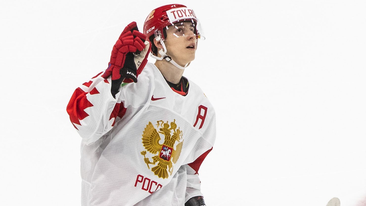 Amirov celebrates a goal against Austria during the first period of an IIHF World Junior Hockey Championship game in December 2020.