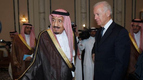 US Vice President Joe Biden offers condolences to Prince Salman bin Abdulaziz Al Saud upon the death of his brother, in Riyadh's Prince Sultan palace in October 2011.