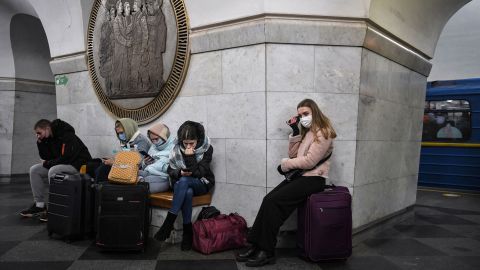 People shelter in a subway station in Kyiv.