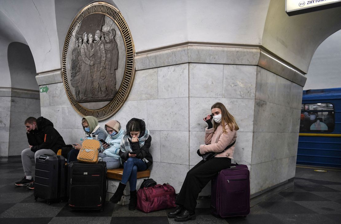 People shelter in a subway station in Kyiv.