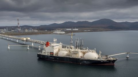 The tanker Sun Arrows loads its cargo of liquefied natural gas from the Sakhalin-2 project in the port of Prigorodnoye, Russia, on Friday, Oct. 29, 2021.
