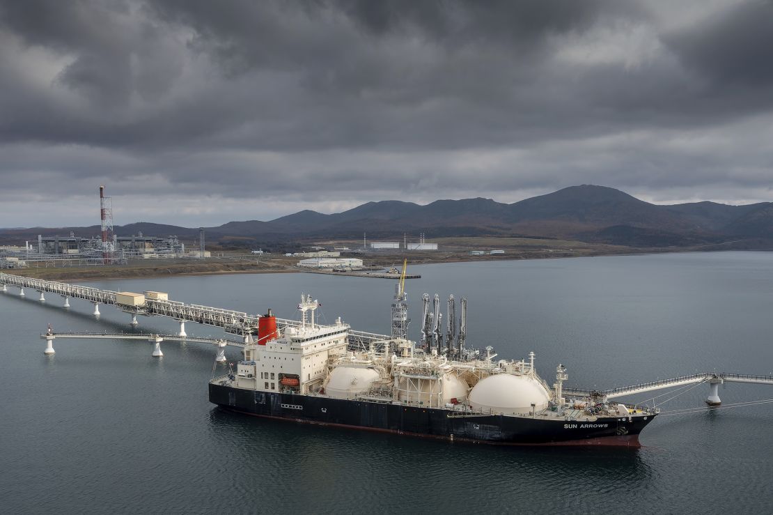 The tanker Sun Arrows loads its cargo of liquefied natural gas from the Sakhalin-2 project in the port of Prigorodnoye, Russia, on Friday, Oct. 29, 2021. 