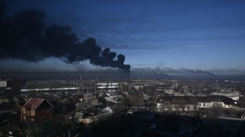 Black smoke rises from a military airport in Chuguyev near Kharkiv  on February 24, 2022. 